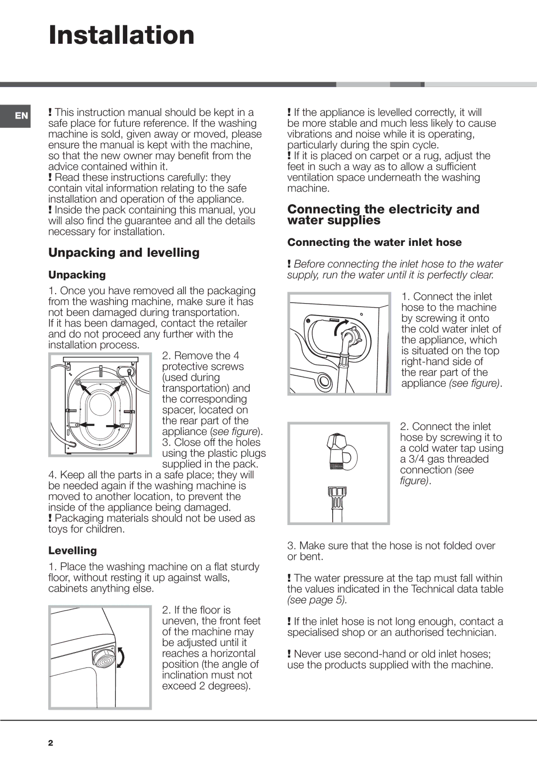 Hotpoint AQ113DA 697 S manual Installation, Unpacking and levelling, Connecting the electricity and water supplies 