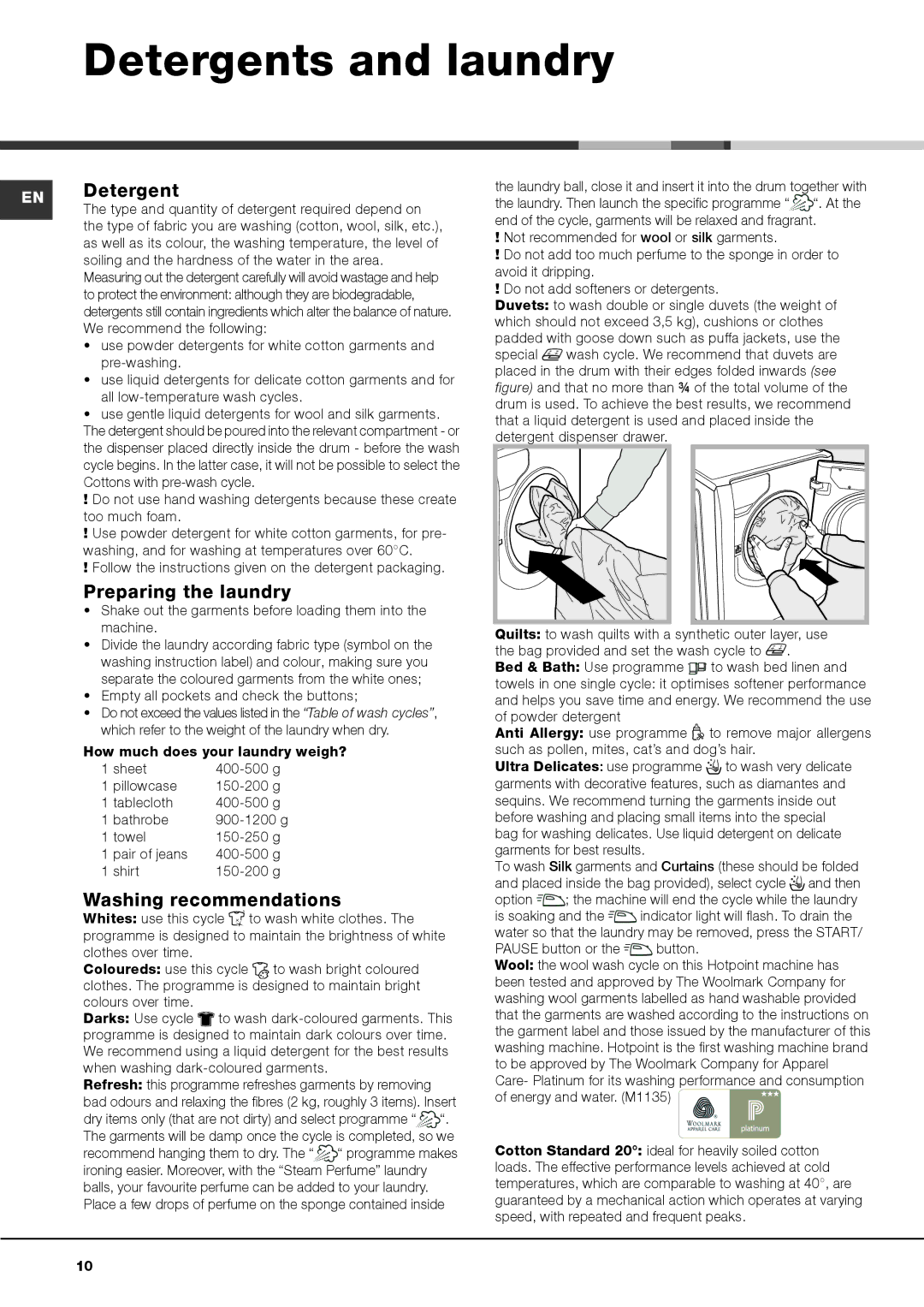 Hotpoint AQ113F 497 I manual Detergents and laundry, EN Detergent, Preparing the laundry, Washing recommendations 