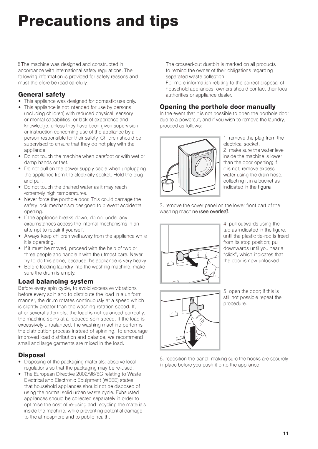 Hotpoint AQ113L 297 E manual Precautions and tips, General safety, Load balancing system, Disposal 