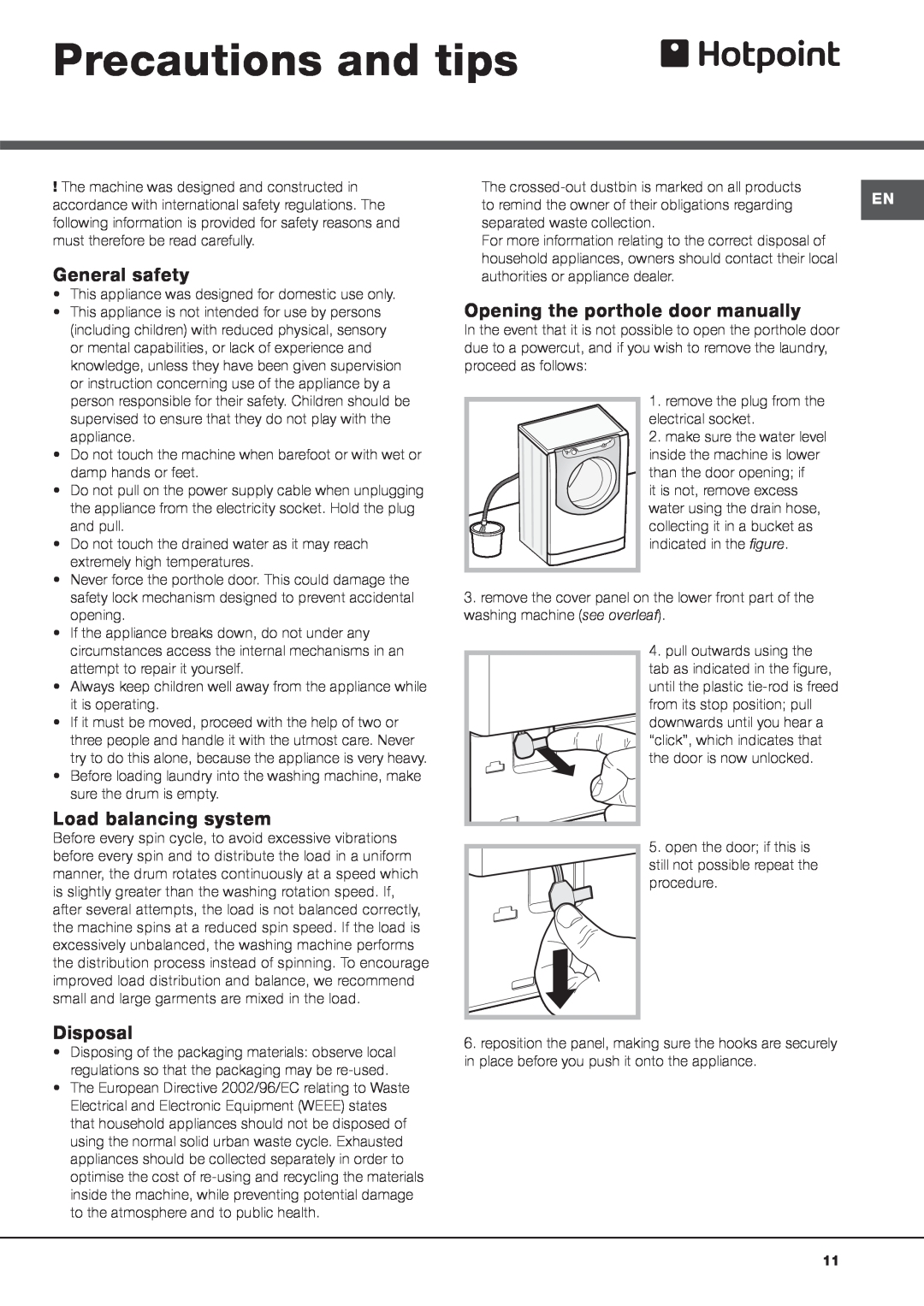 Hotpoint AQ113L 297 E manual Precautions and tips, General safety, Load balancing system, Disposal 