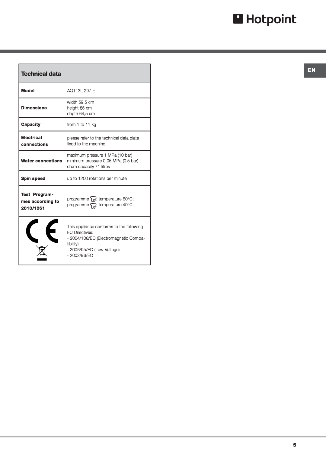 Hotpoint AQ113L 297 E manual Technical data, from 1 to 11 kg 