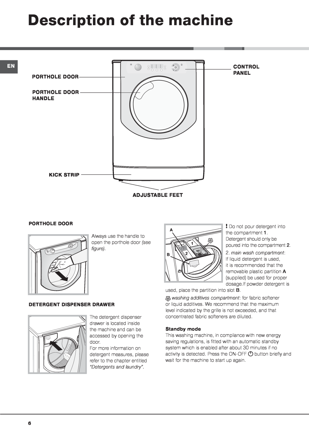 Hotpoint AQ113L 297 E manual Description of the machine, main wash compartment 