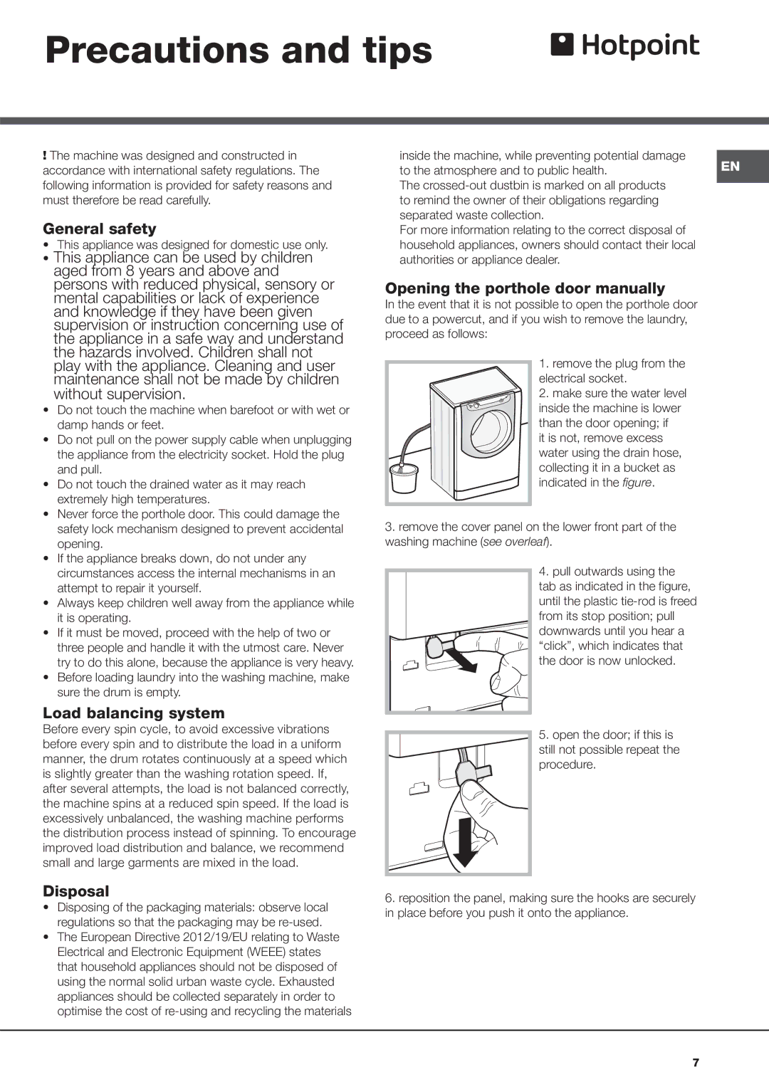 Hotpoint aq133da 697i manual Precautions and tips, General safety, Load balancing system, Disposal 