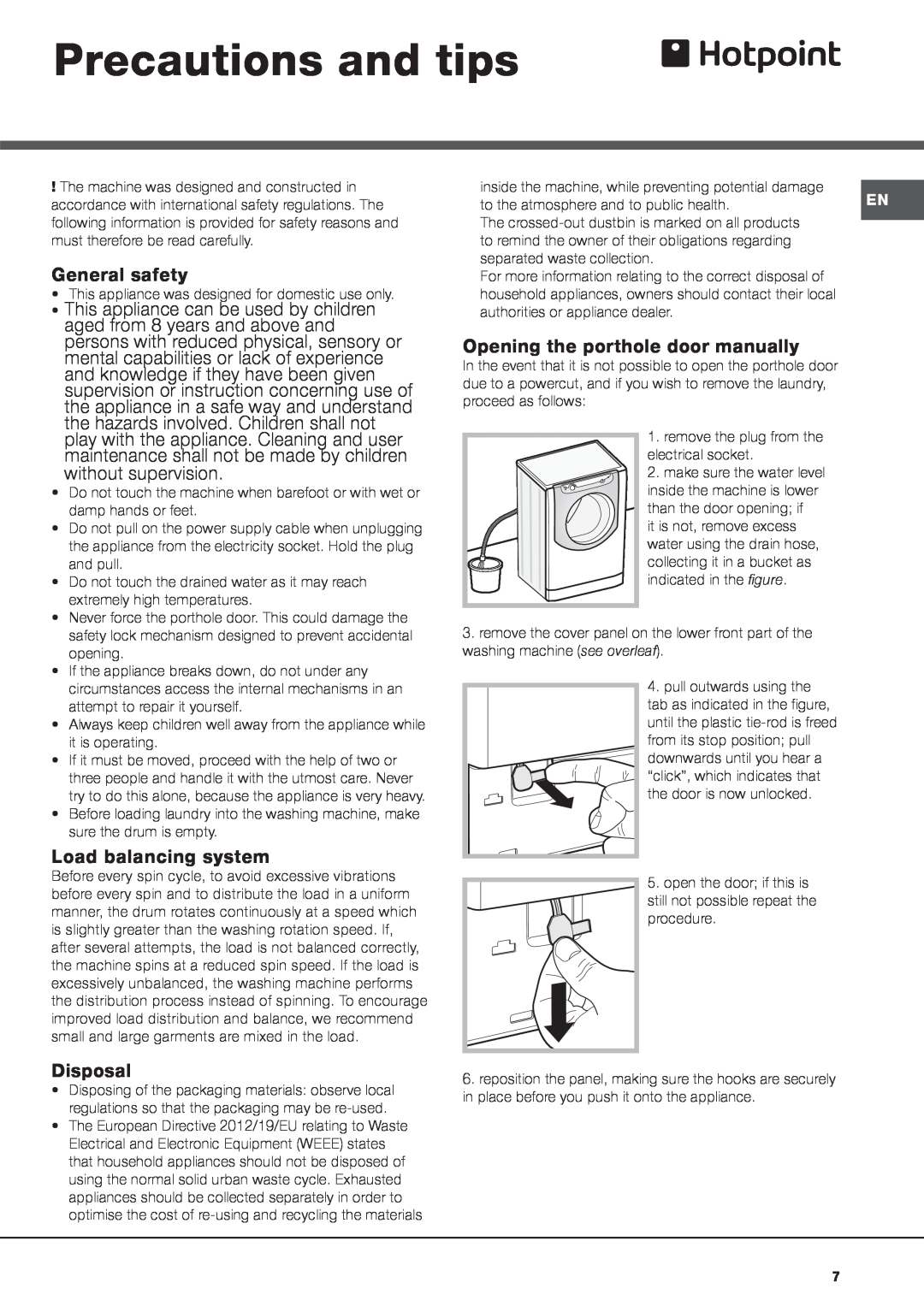 Hotpoint aq133da 697i manual Precautions and tips, General safety, Load balancing system, Disposal 