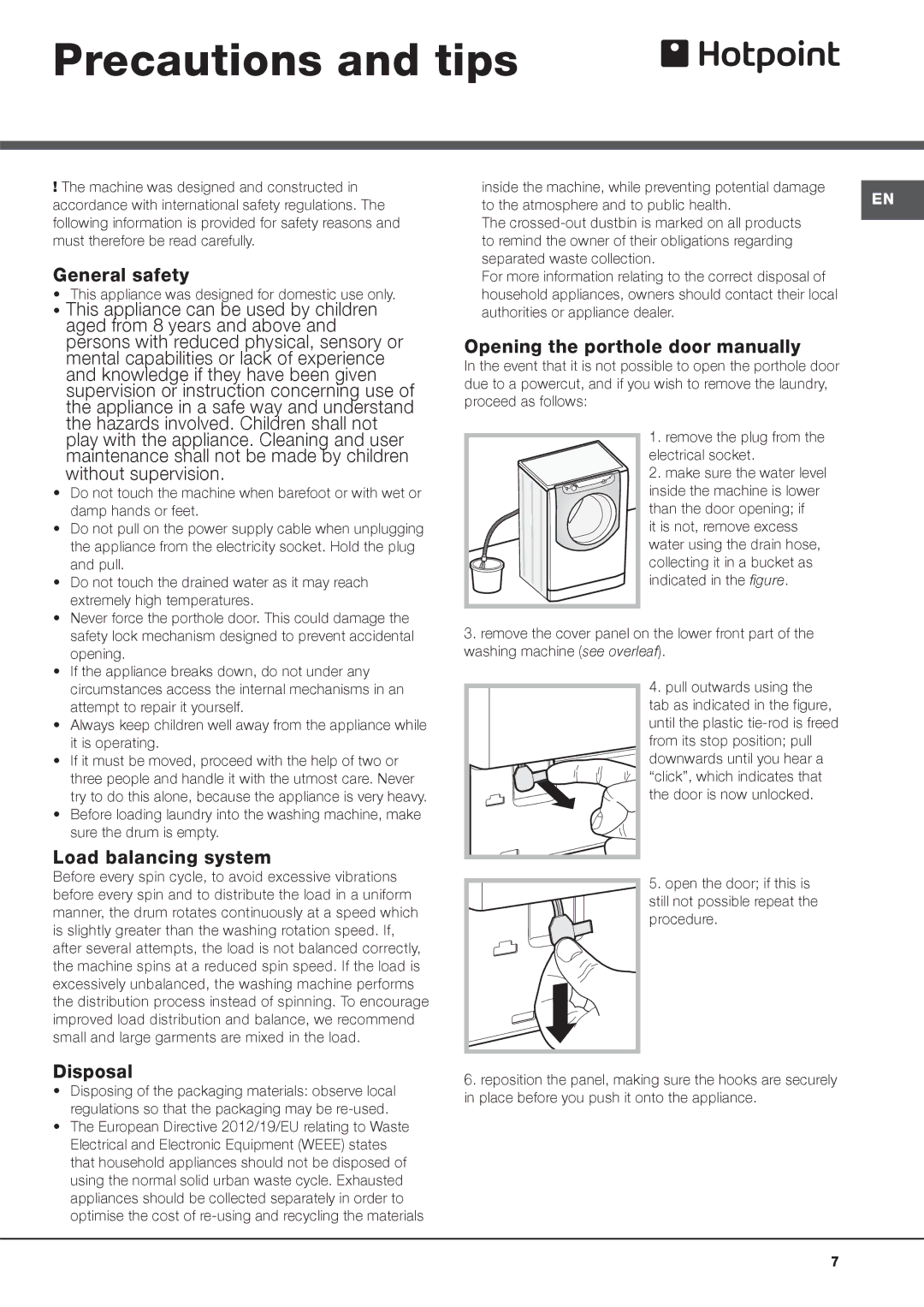 Hotpoint AQ73F49E manual Precautions and tips, General safety, Load balancing system, Disposal 