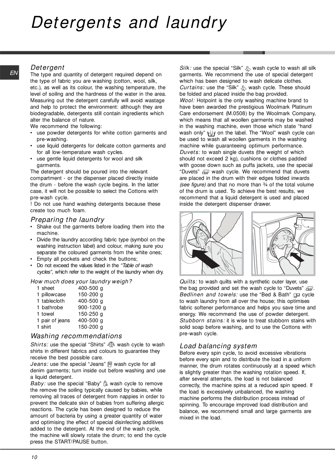 Hotpoint AQ7F manual Detergents and laundry, Preparing the laundry, Washing recommendations, Load balancing system 