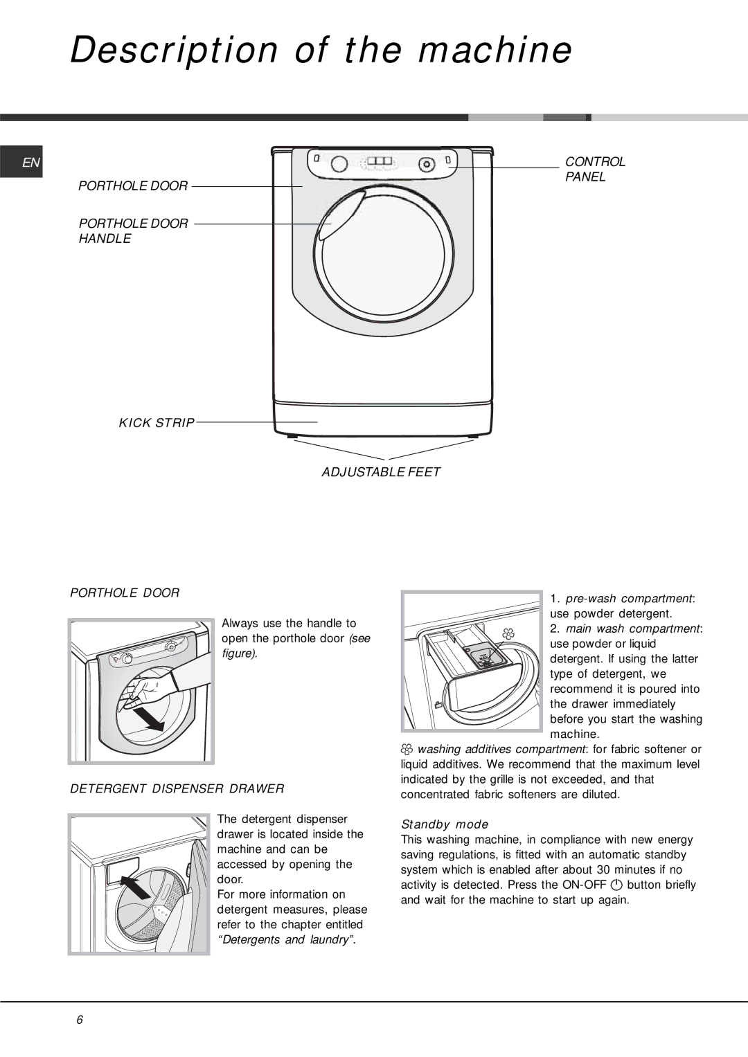 Hotpoint AQ7F Description of the machine, Control, Porthole Door Panel Handle Kick Strip Adjustable Feet, Standby mode 