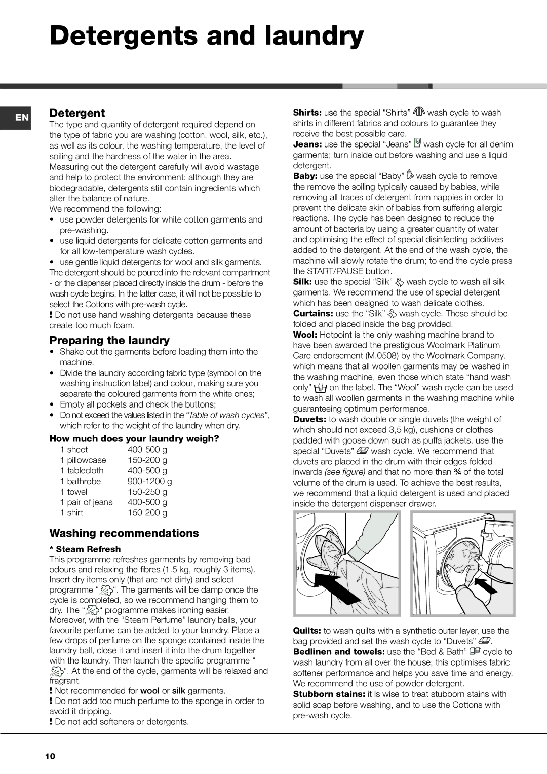 Hotpoint AQ9D 692 I manual Detergents and laundry, EN Detergent, Preparing the laundry, Washing recommendations 