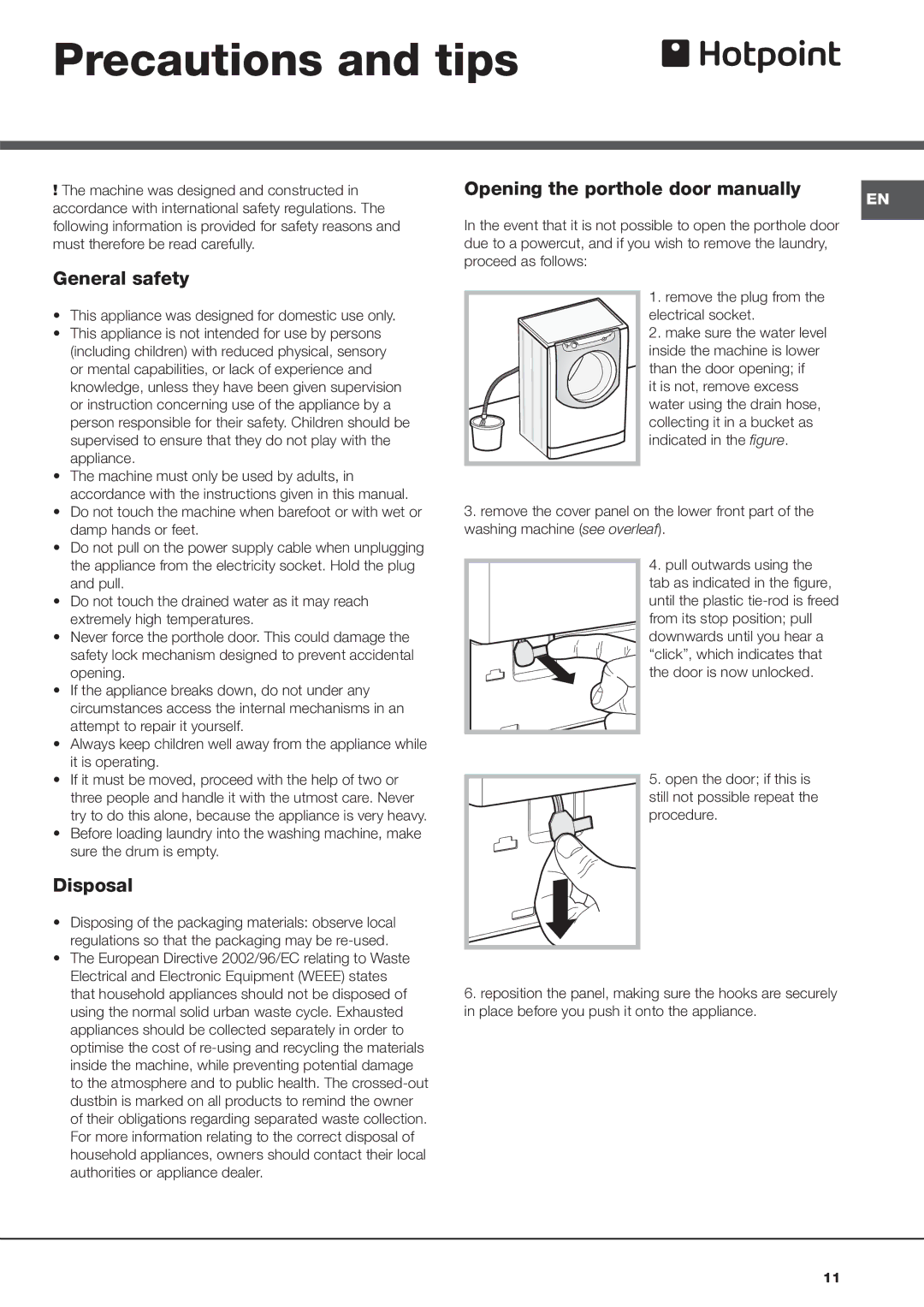 Hotpoint AQ9D 692 I manual Precautions and tips, General safety, Disposal, European Directive 2002/96/EC relating to Waste 