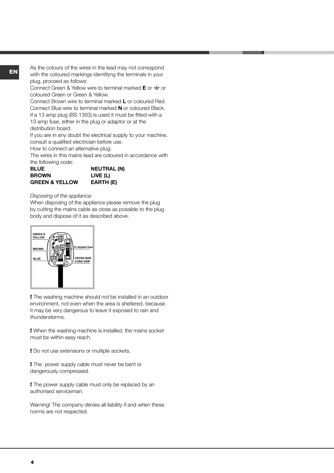 Hotpoint AQ9D 692 I manual Following code, Blue Neutral N Brown Live L Green & Yellow Earth E 