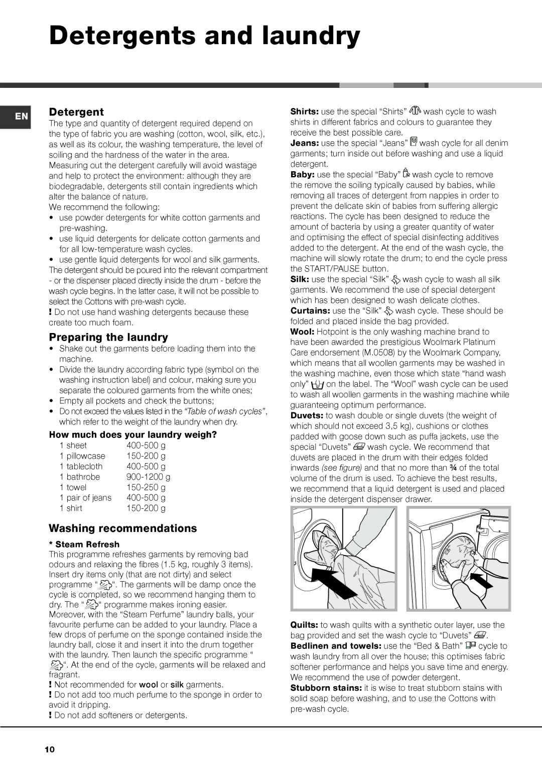 Hotpoint AQ9D 692 S manual Detergents and laundry, EN Detergent, Preparing the laundry, Washing recommendations 