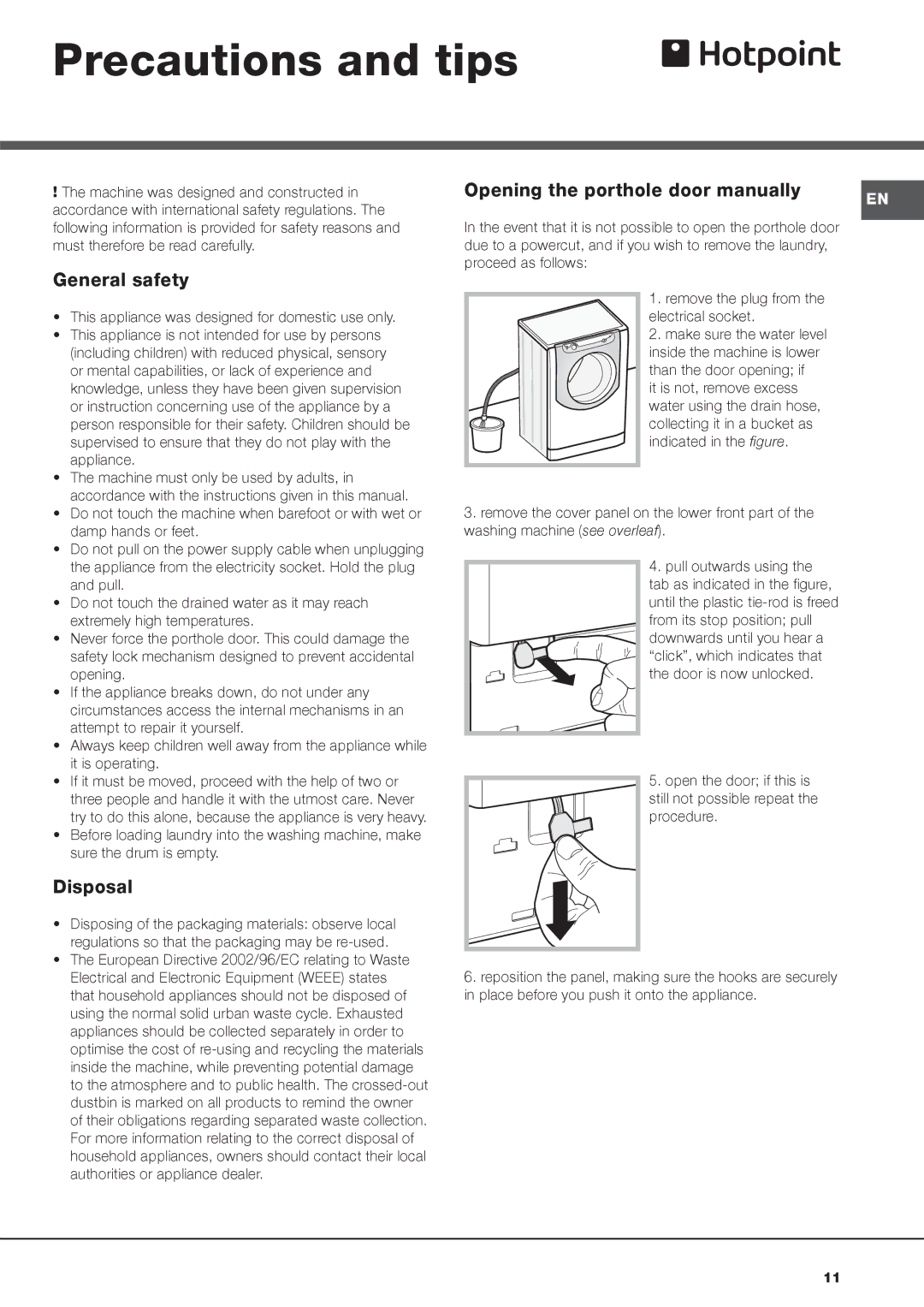 Hotpoint AQ9L 292 I manual Precautions and tips, General safety, Disposal, European Directive 2002/96/EC relating to Waste 