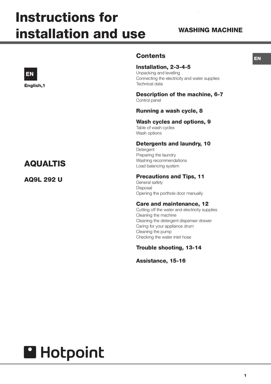 Hotpoint AQ9L 292 U manual Instructions for installation and use, Washing Machine 