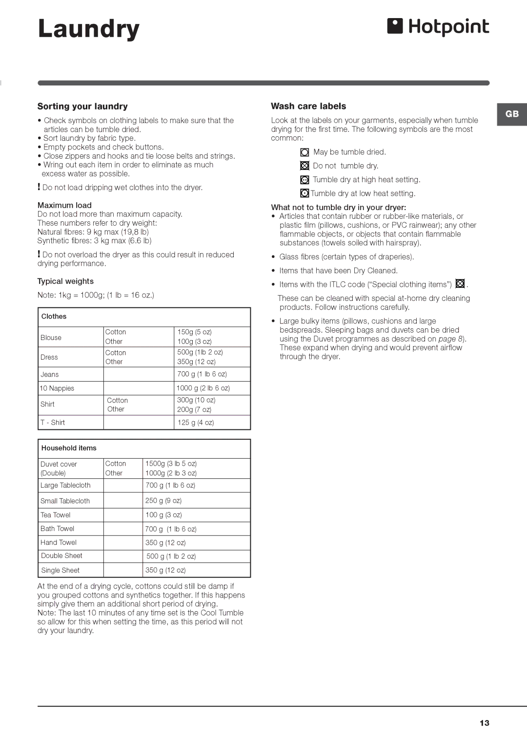 Hotpoint AQC9 BF5 instruction manual Laundry, Sorting your laundry 