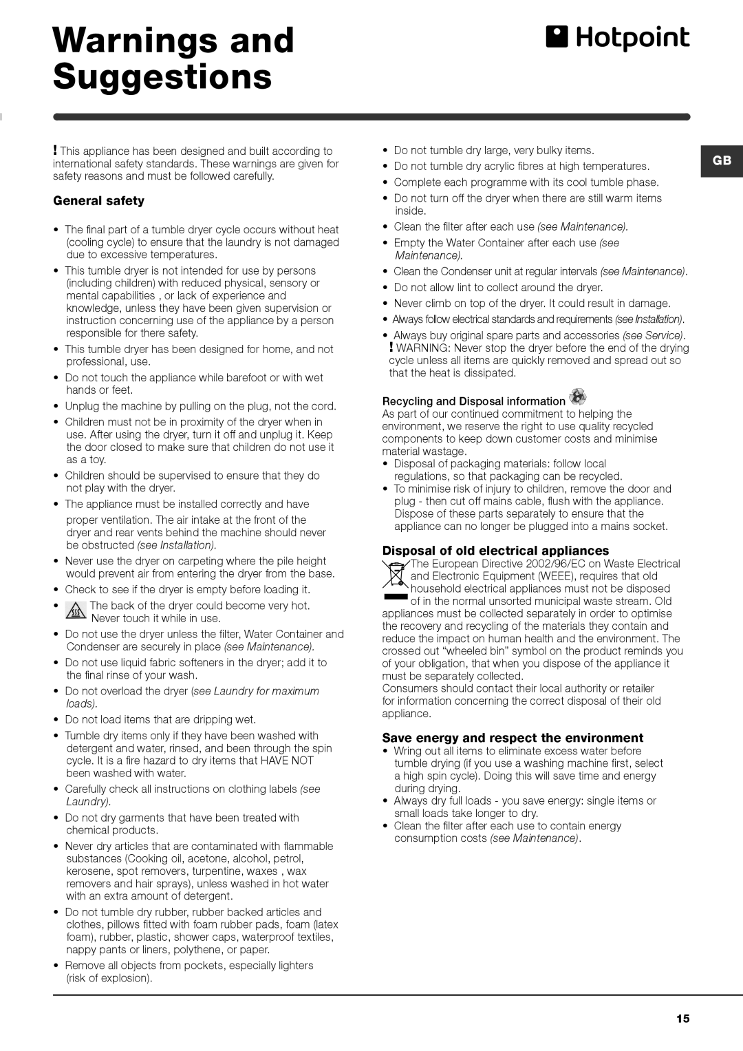 Hotpoint AQC9 BF5 instruction manual Disposal of old electrical appliances, Save energy and respect the environment 