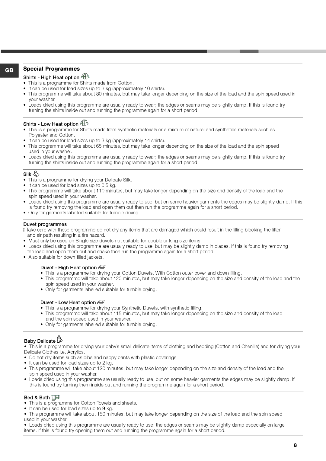 Hotpoint AQC9 BF5 instruction manual GB Special Programmes 