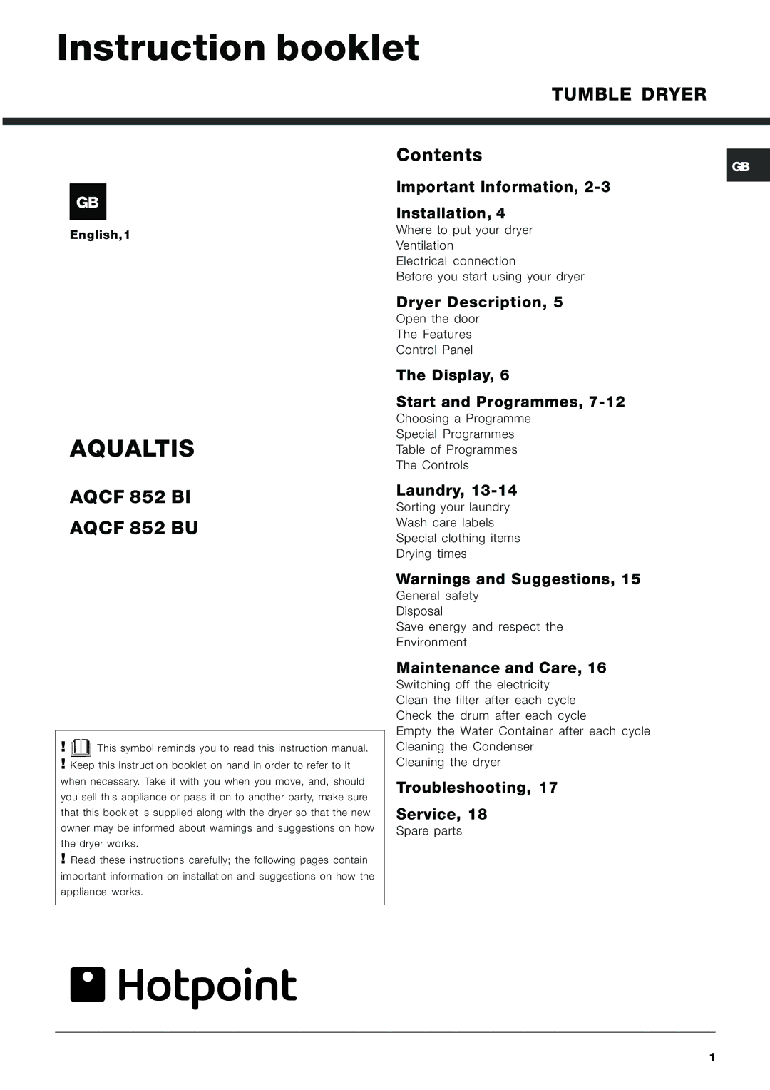 Hotpoint AQCF 852 BI, AQCF 852 BU instruction manual Instruction booklet, Aqualtis 