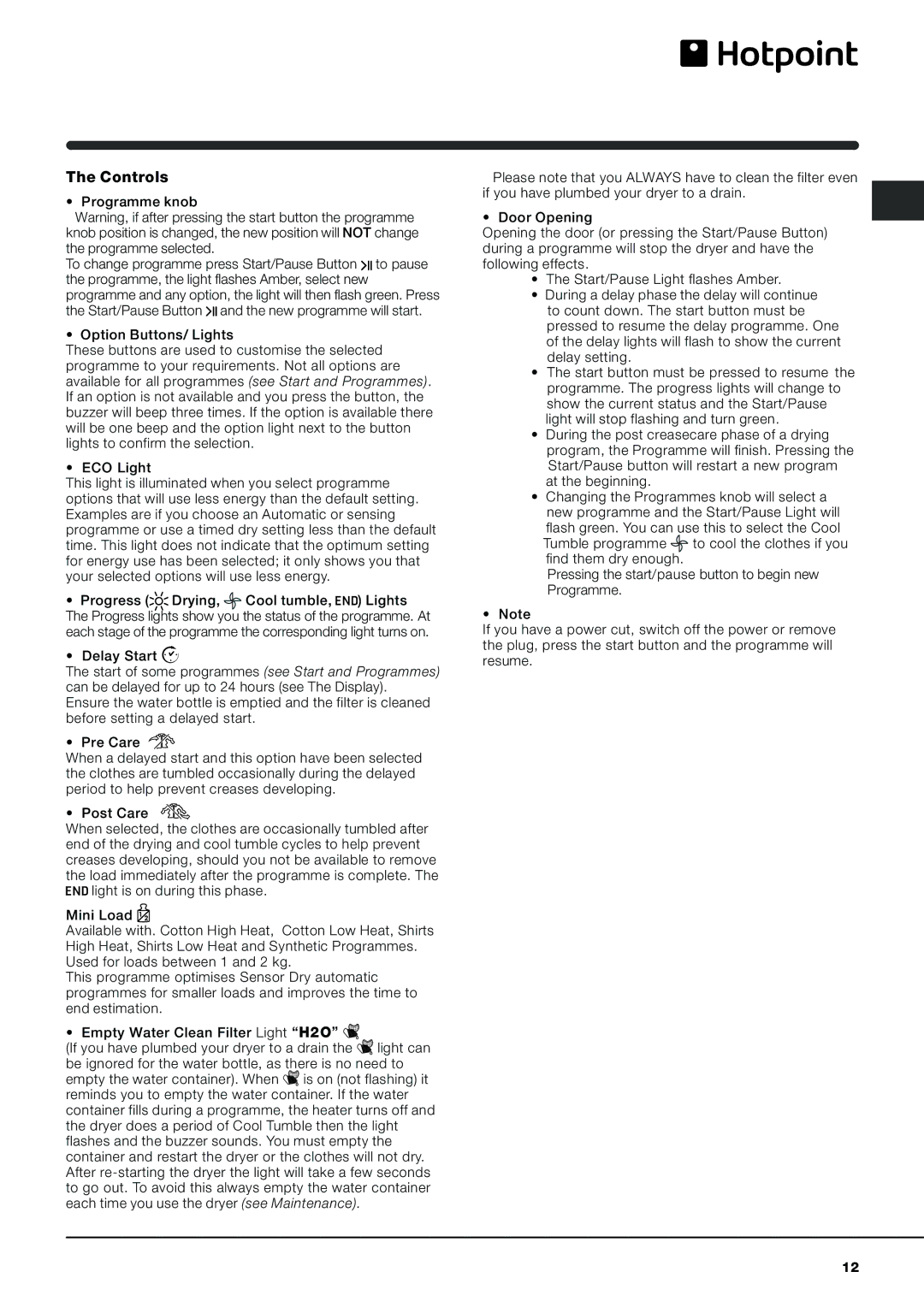 Hotpoint AQCF 852 BU, AQCF 852 BI instruction manual Programme knob 