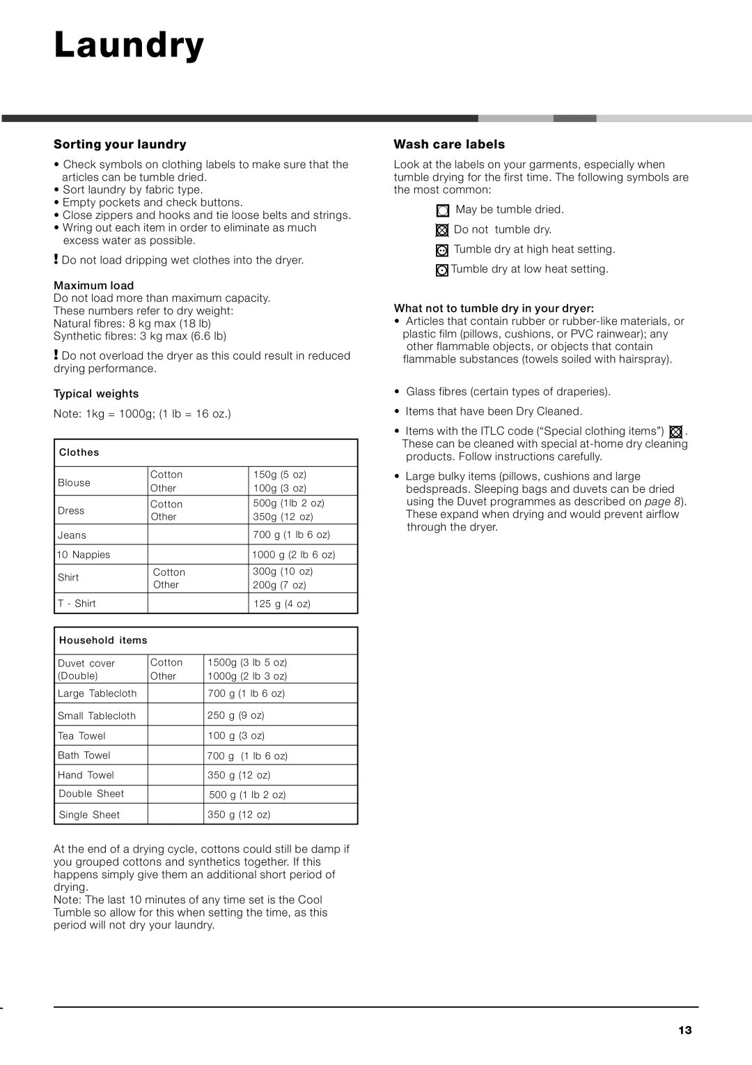 Hotpoint AQCF 852 BI, AQCF 852 BU instruction manual Laundry, Sorting your laundry 