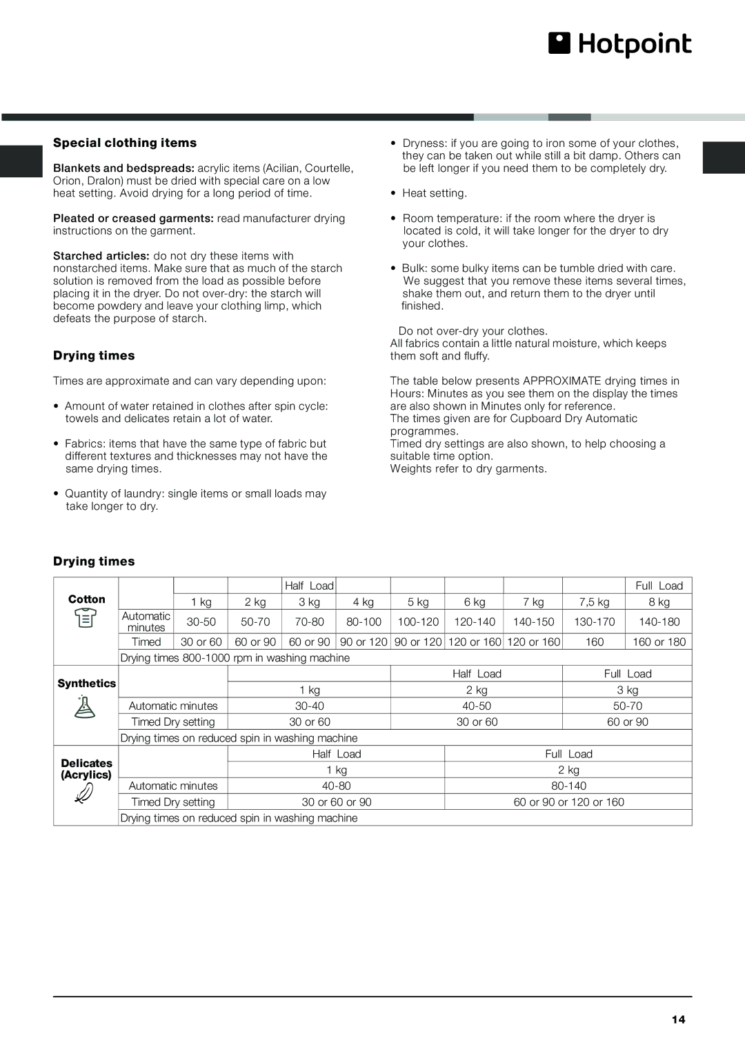 Hotpoint AQCF 852 BU, AQCF 852 BI instruction manual Half Load Full Load Cotton 