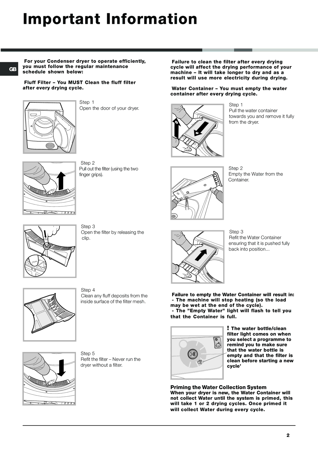 Hotpoint AQCF 852 BU, AQCF 852 BI instruction manual Important Information, Priming the Water Collection System 