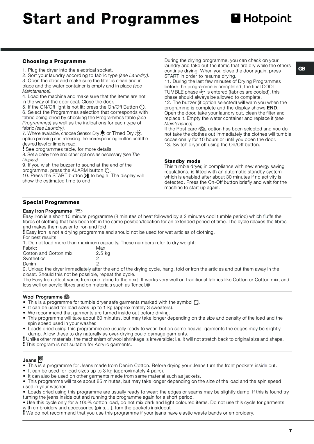 Hotpoint AQCF 852 BI, AQCF 852 BU instruction manual Start and Programmes, Choosing a Programme 