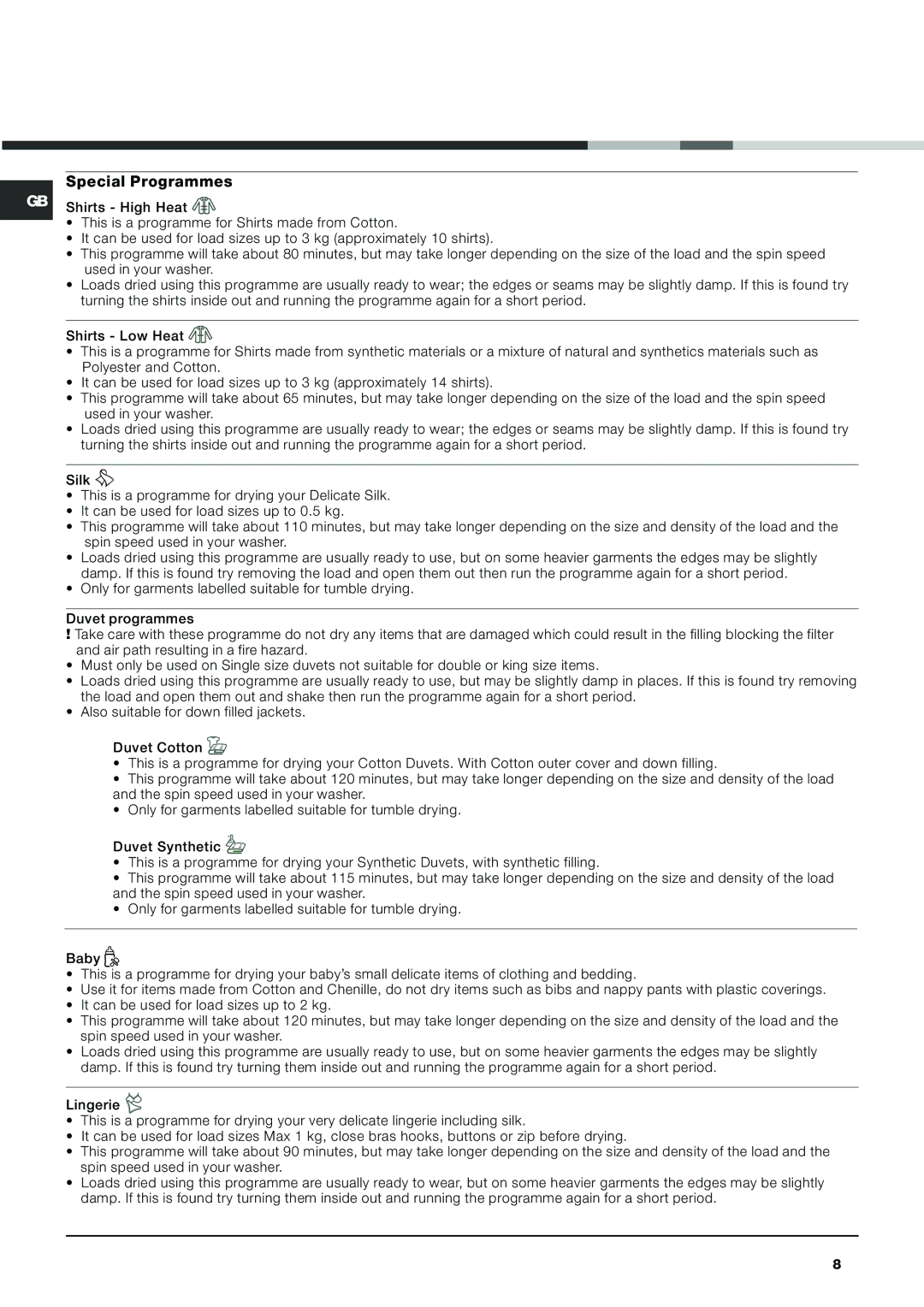 Hotpoint AQCF 852 BU, AQCF 852 BI instruction manual Special Programmes 