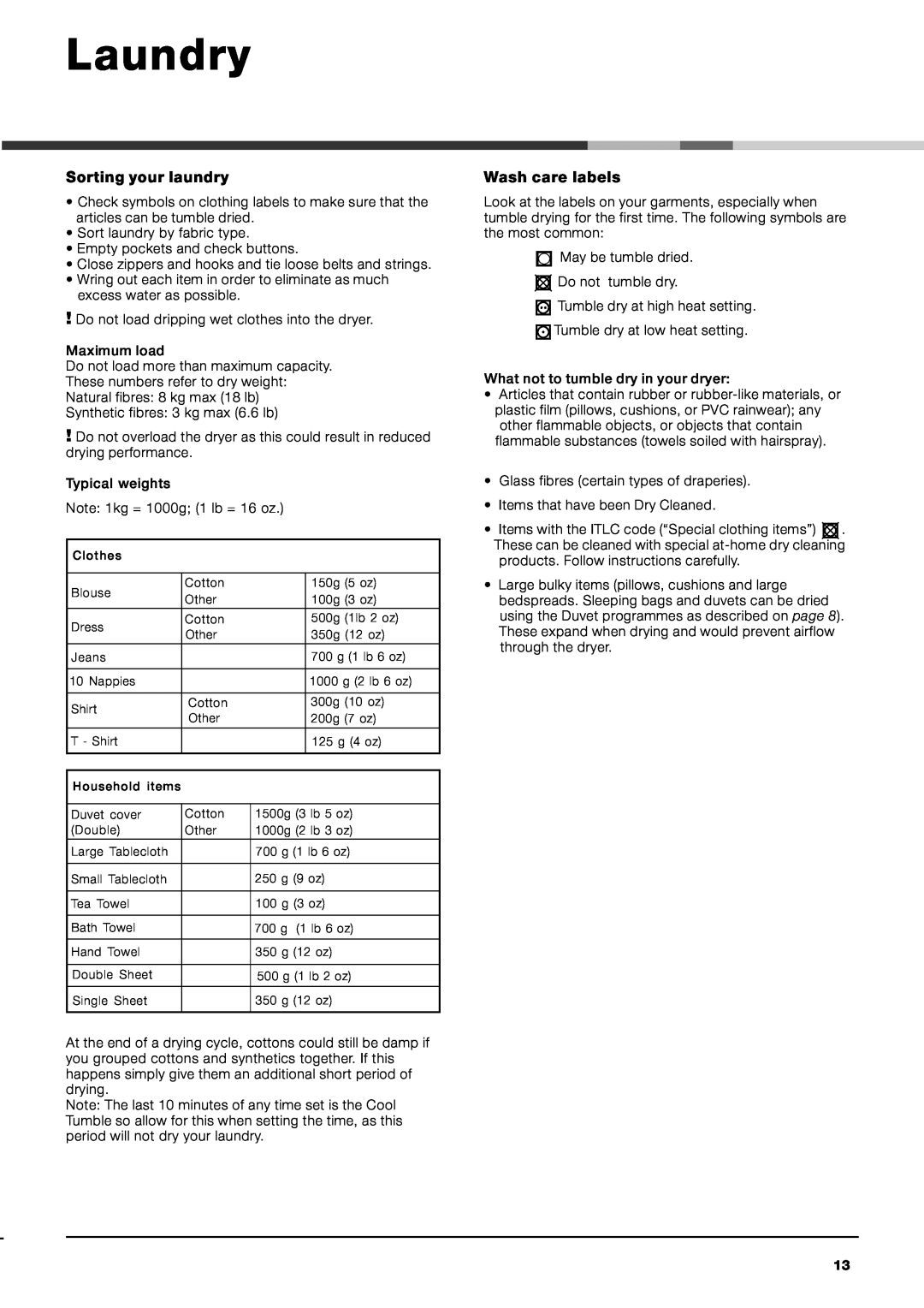 Hotpoint AQCF 852 BI, AQCF 852 BU instruction manual Laundry, Sorting your laundry, Wash care labels 