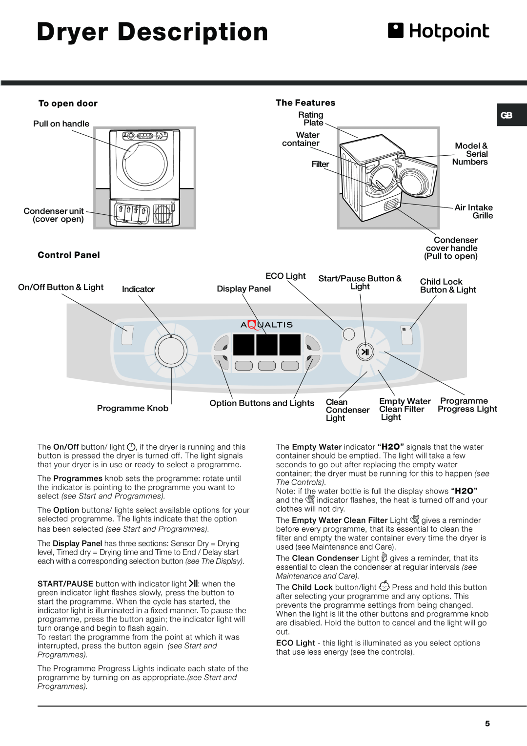 Hotpoint AQCF 852 BI, AQCF 852 BU instruction manual Dryer Description 