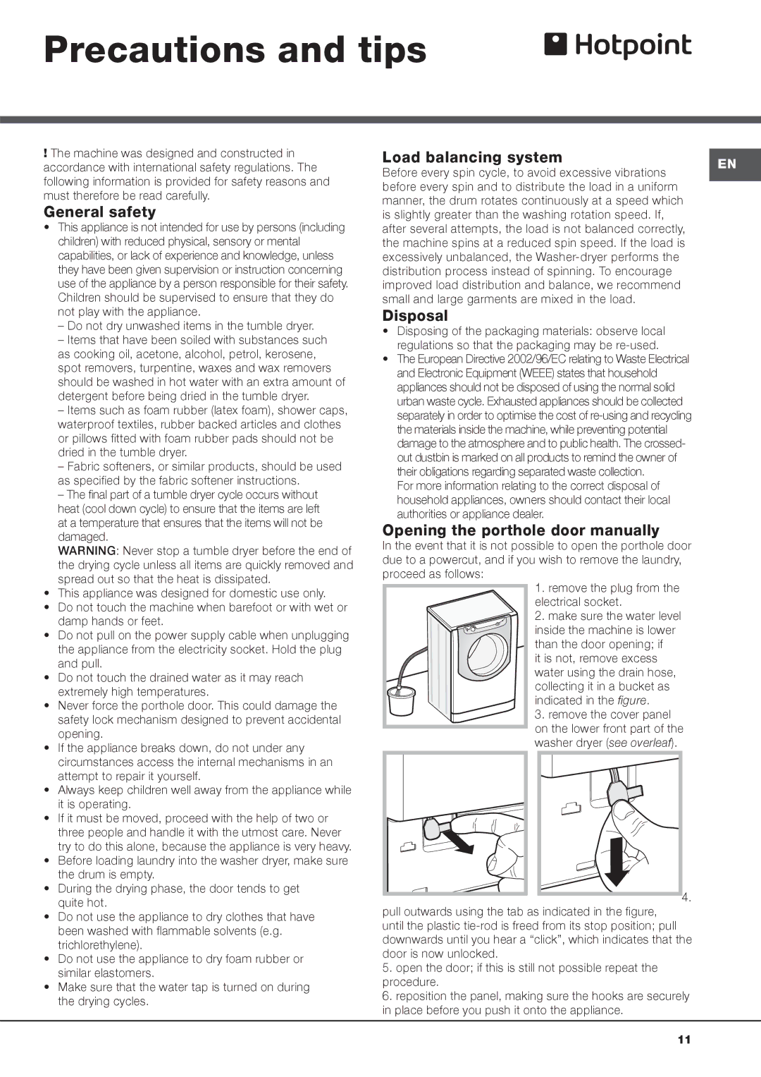 Hotpoint AQD1170F 697 I, AQD1170F 697 E Precautions and tips, General safety, Load balancing system, Disposal 