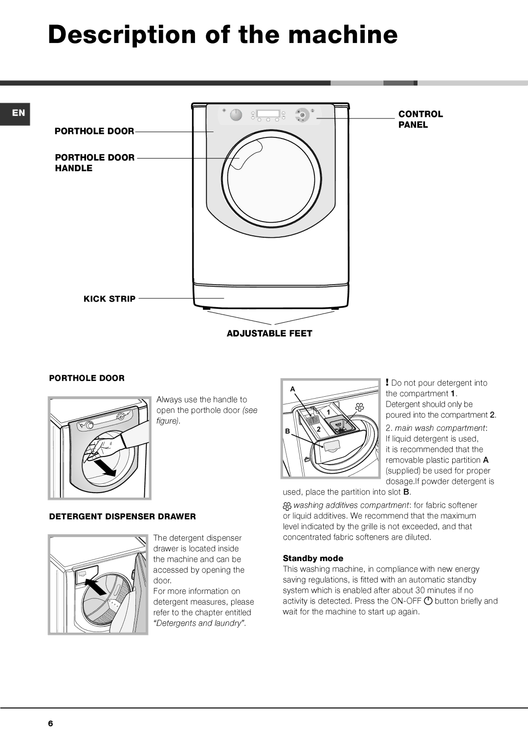 Hotpoint AQD1170F 697 E, AQD1170F 697 I instruction manual Description of the machine, Main wash compartment 