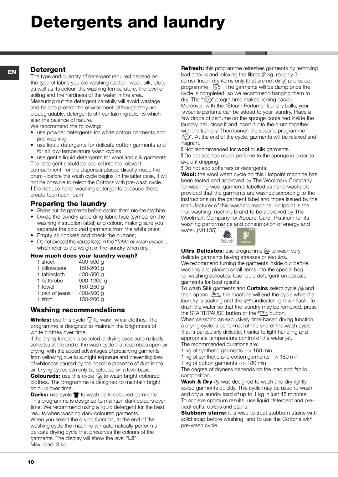 Hotpoint AQD1170F instruction manual Detergents and laundry, EN Detergent, Preparing the laundry, Washing recommendations 