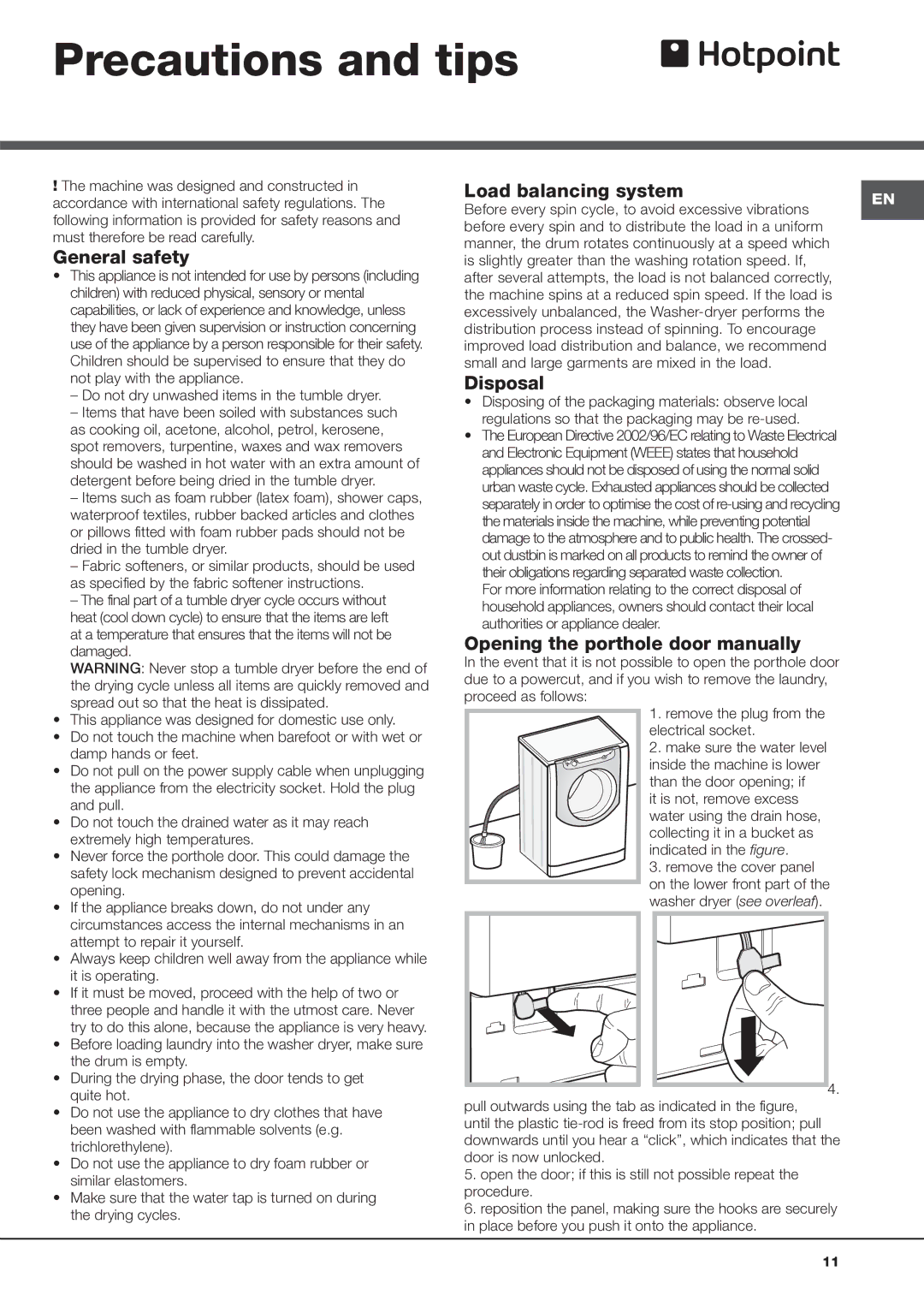 Hotpoint AQD1170F instruction manual Precautions and tips, General safety, Load balancing system, Disposal 