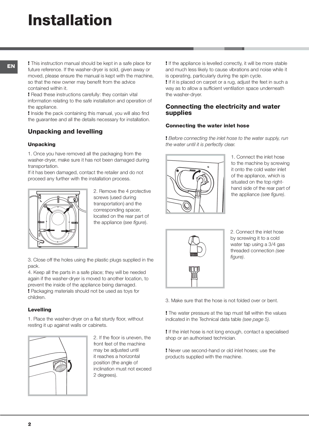 Hotpoint AQD1170F instruction manual Installation, Unpacking and levelling, Connecting the electricity and water supplies 