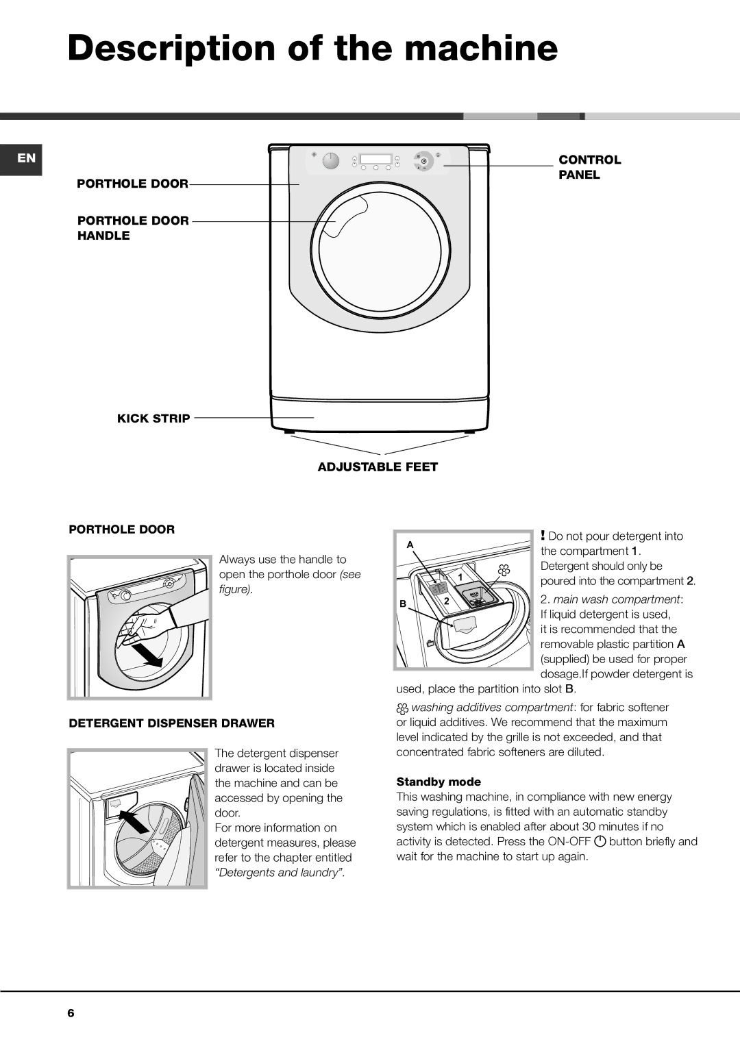 Hotpoint AQD1170F instruction manual Description of the machine, Main wash compartment 