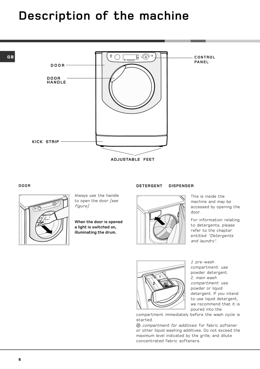 Hotpoint AQGD 169 S manual Description of the machine, O R N D L E Kick Strip Adjustable Feet, Detergent Dispenser 