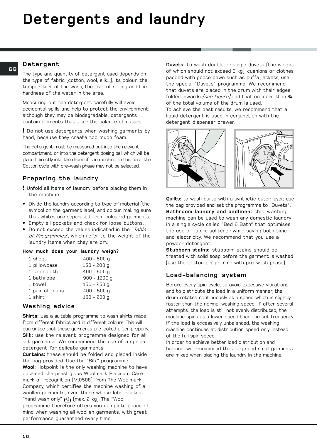 Hotpoint AQGL 129 PM manual Detergents and laundry, Preparing the laundry, Washing advice, Load-balancing system 