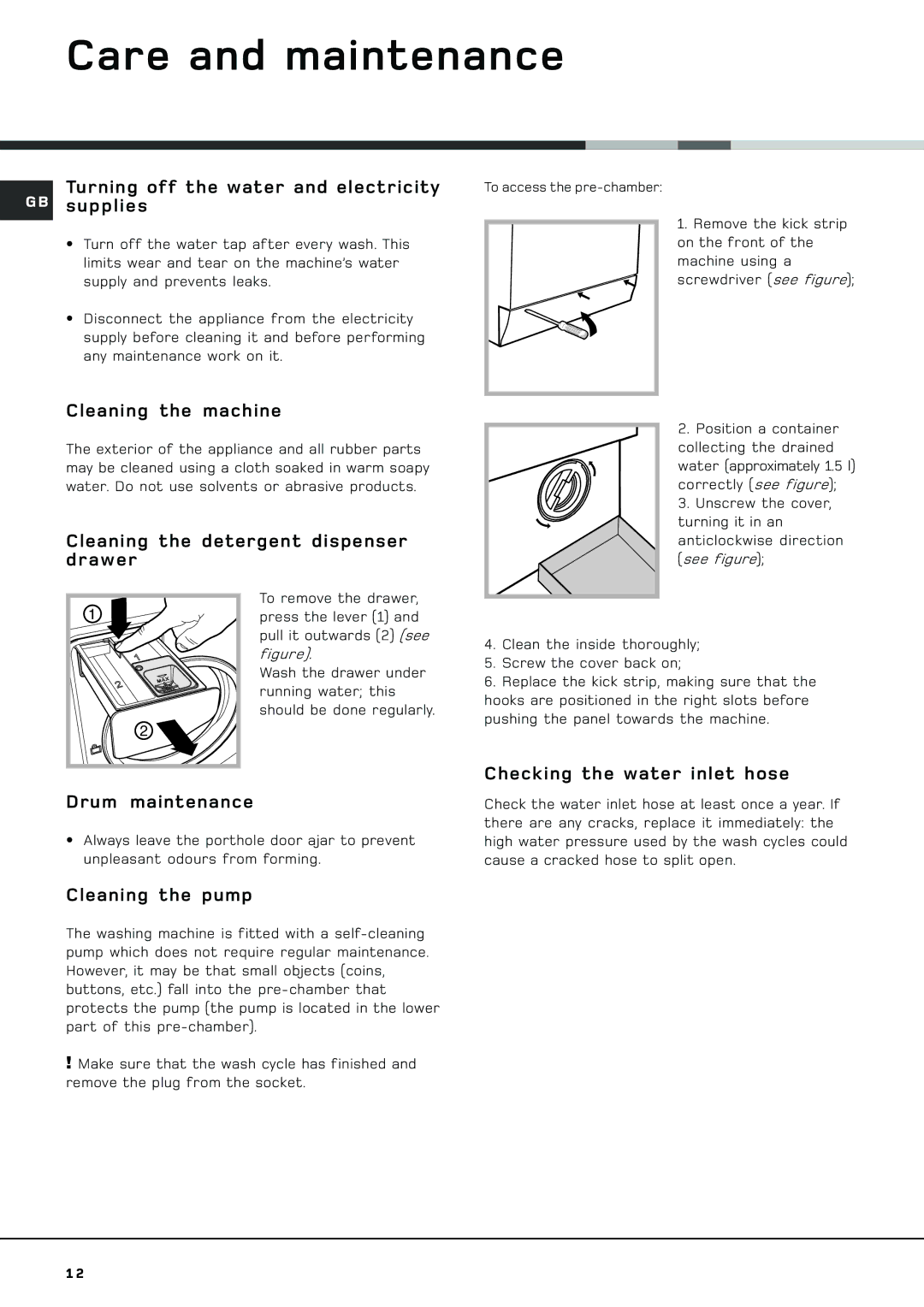 Hotpoint AQGL 129 PM manual Care and maintenance 