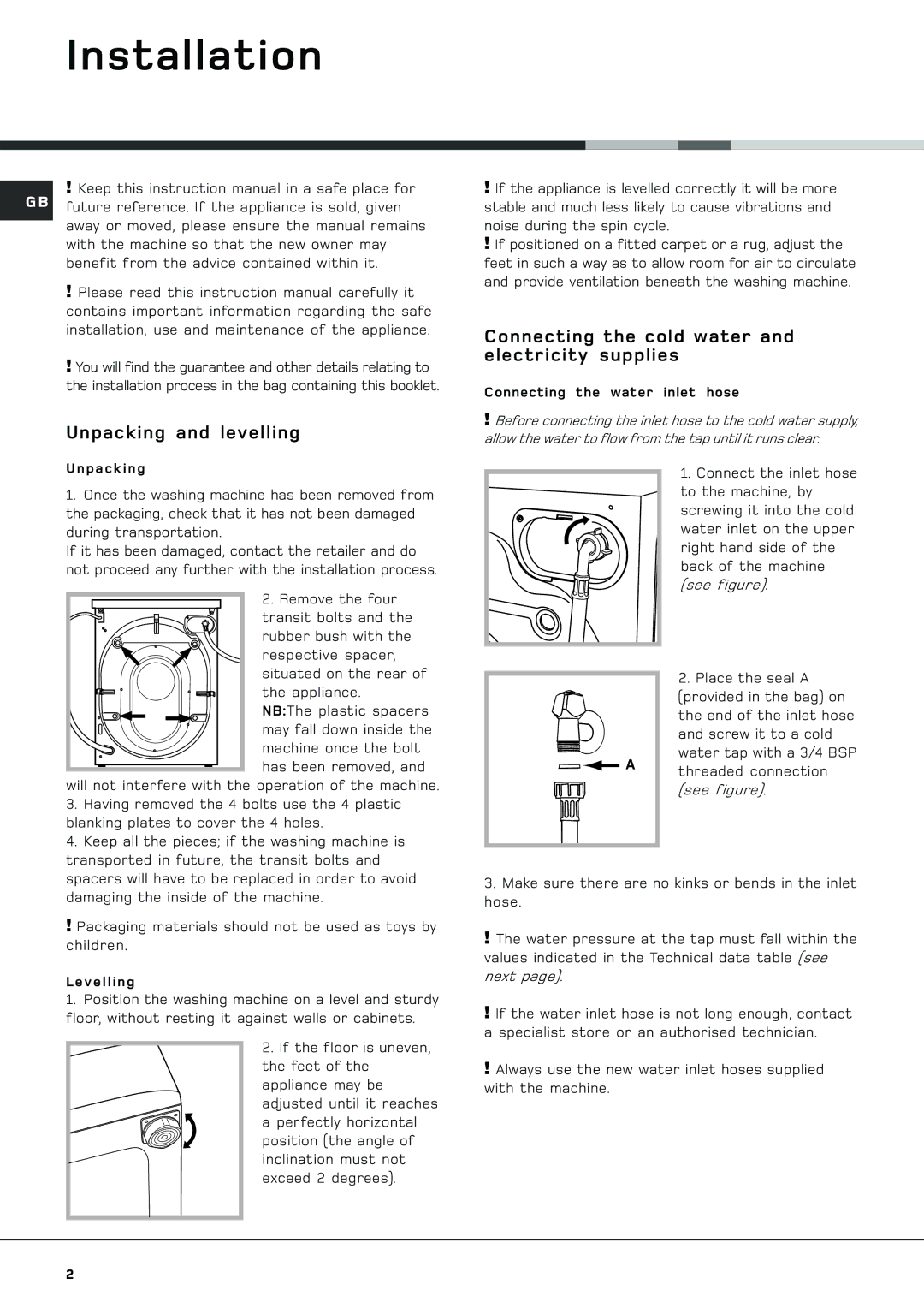 Hotpoint AQGL 129 PM manual Installation, Unpacking and levelling, Connecting the cold water and electricity supplies 