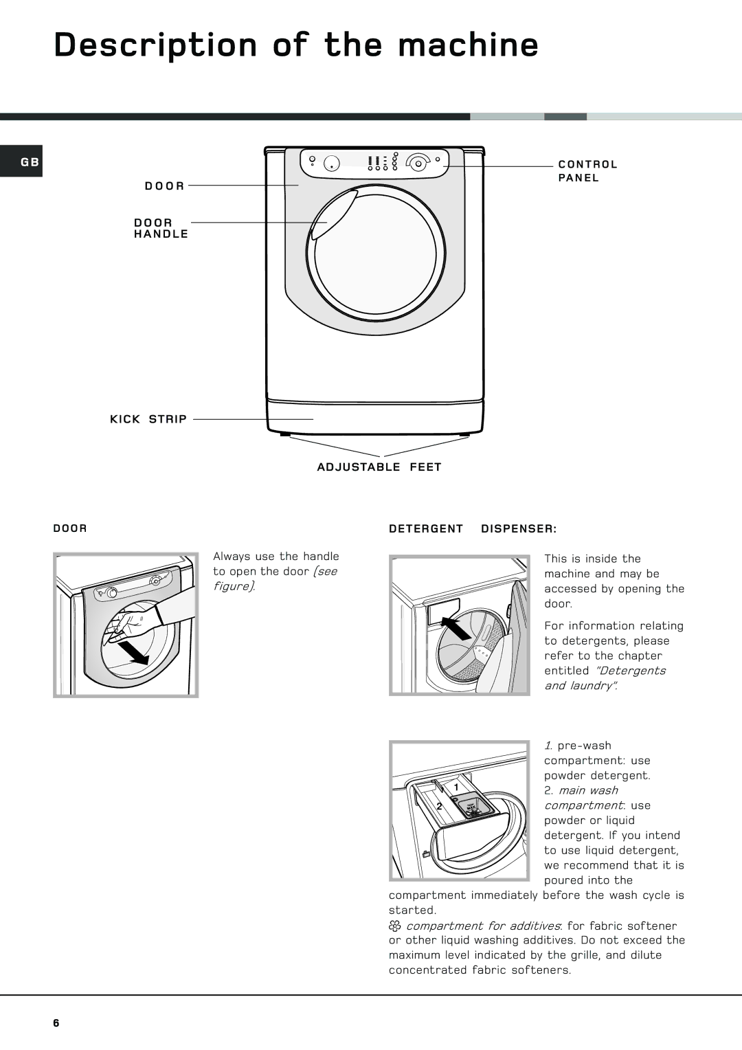 Hotpoint AQGL 129 PM manual Description of the machine, O R N D L E Kick Strip Adjustable Feet, Detergent Dispenser 