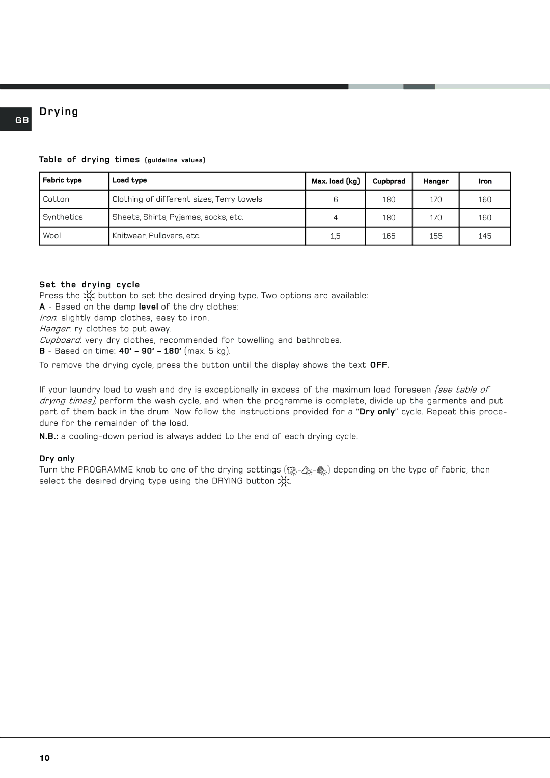 Hotpoint AQGMD 129 manual Drying, Table of drying times guideline values 