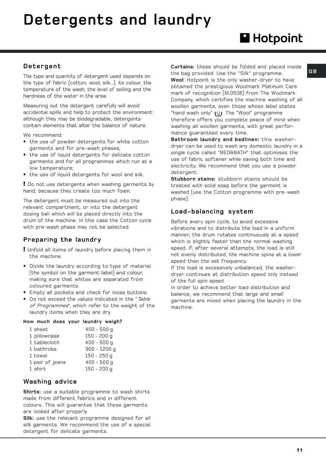 Hotpoint AQGMD 129 manual Detergents and laundry, Preparing the laundry, Load-balancing system, Washing advice 