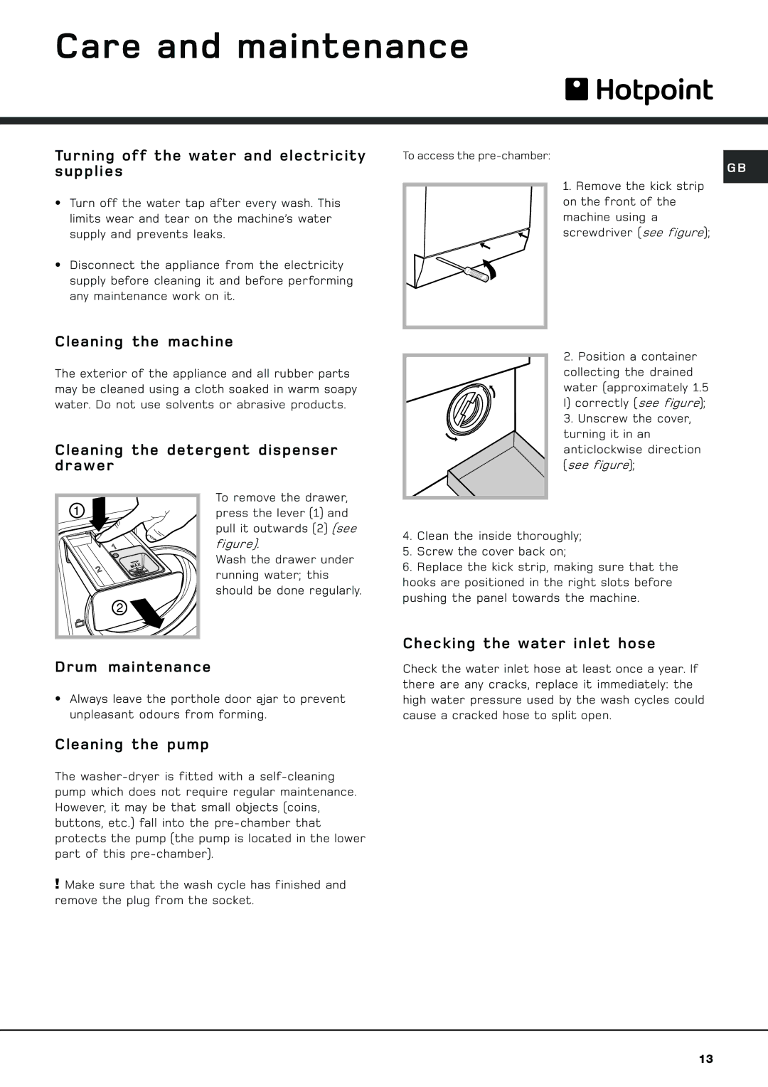 Hotpoint AQGMD 129 manual Care and maintenance 