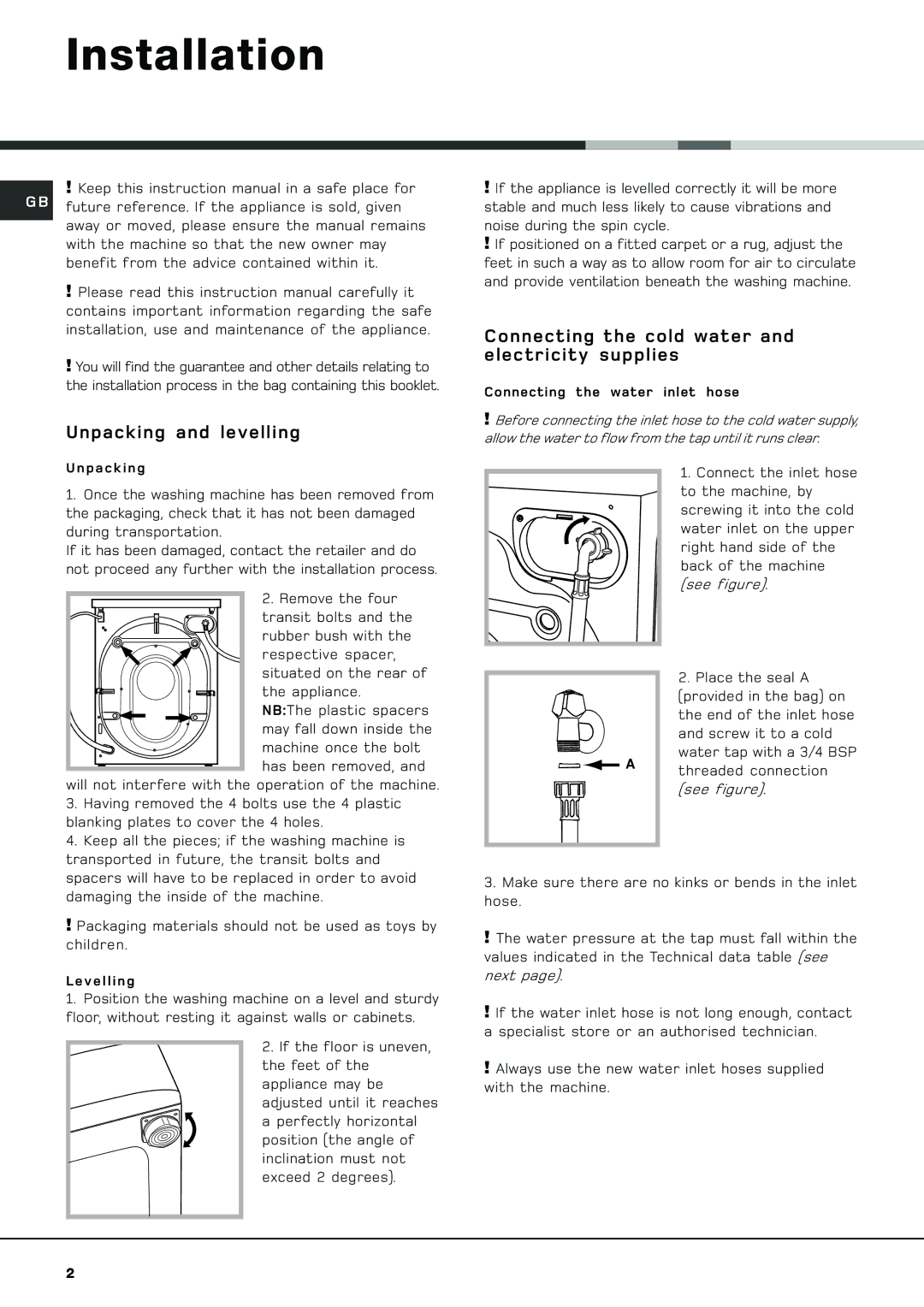 Hotpoint AQGMD 129 manual Installation, Unpacking and levelling, Connecting the cold water and electricity supplies 