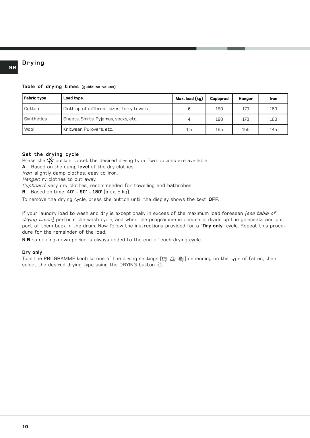 Hotpoint AQGMD149 manual Drying, Table of drying times guideline values 