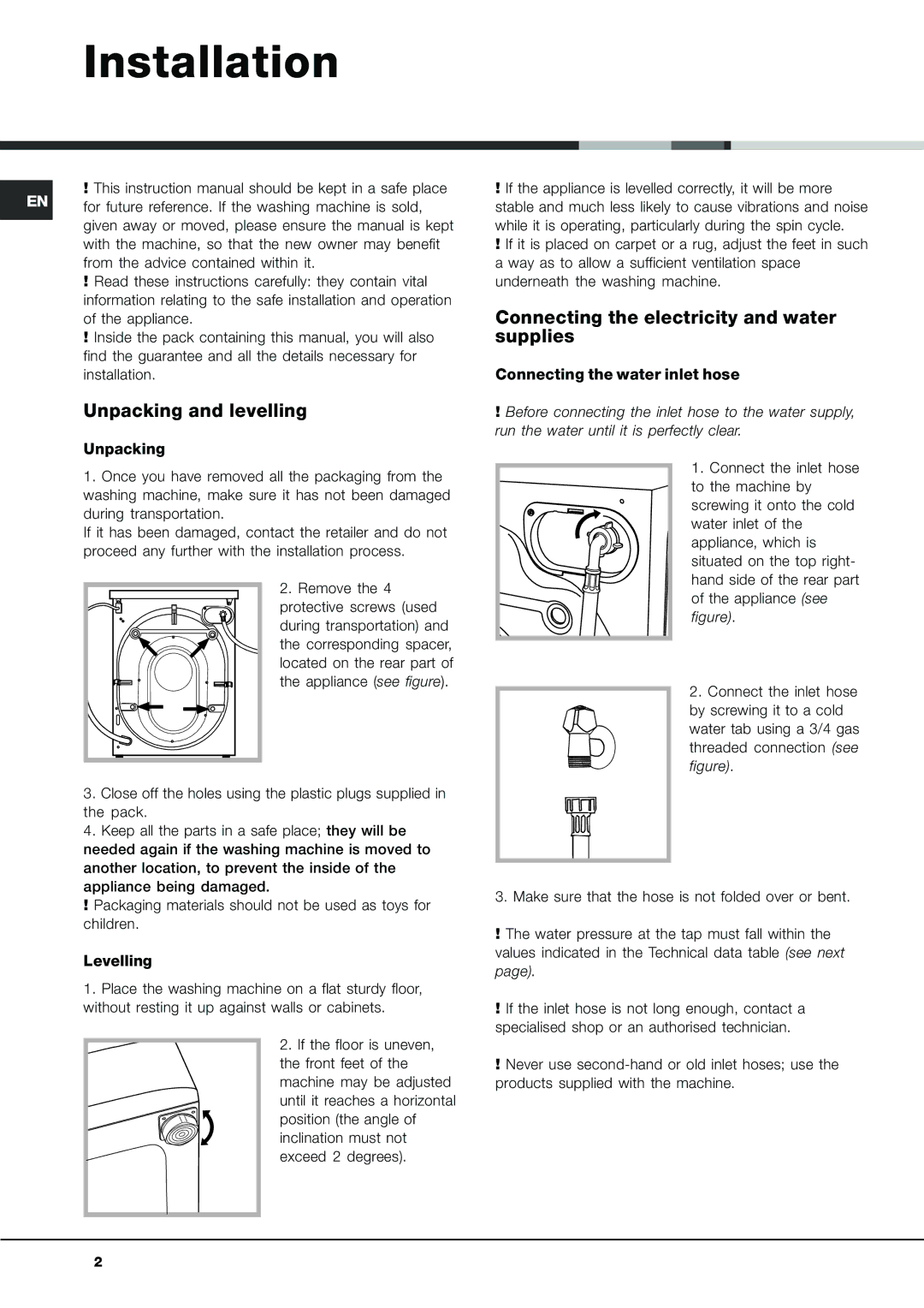 Hotpoint AQLF9F 49 U manual Installation, Unpacking and levelling, Connecting the electricity and water supplies 