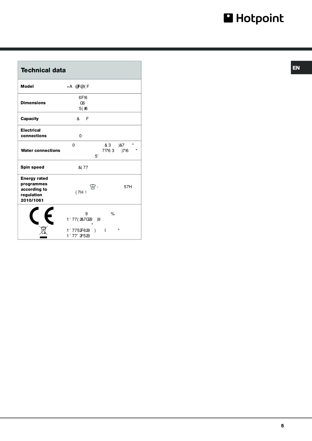 Hotpoint AQLF9F 49 U manual Technical data 