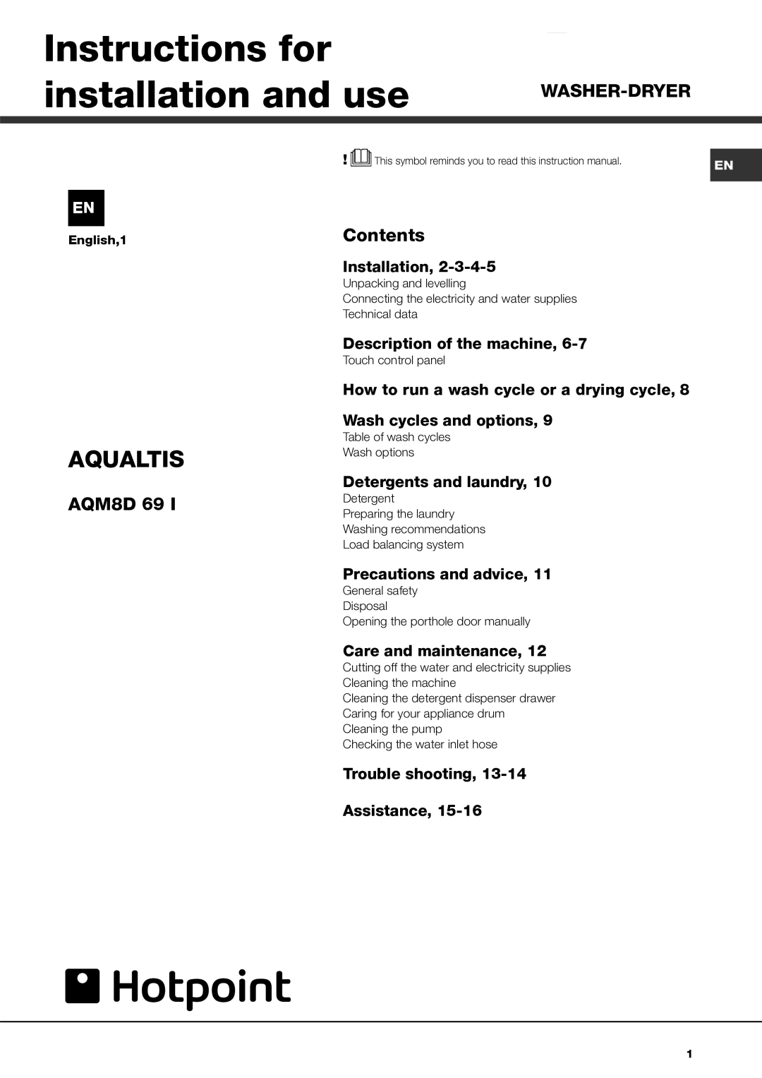 Hotpoint AQM8D 69 I instruction manual Instructions for installation and use, Aqualtis 