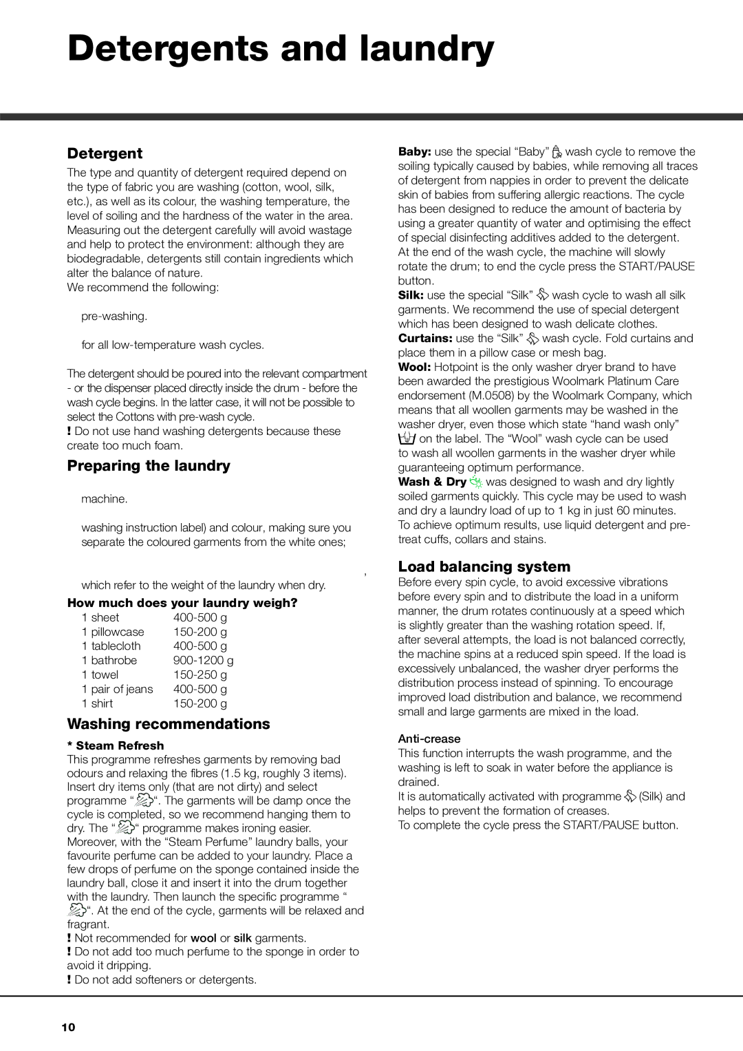 Hotpoint AQM8D 69 I instruction manual Detergents and laundry, EN Detergent, Preparing the laundry, Washing recommendations 