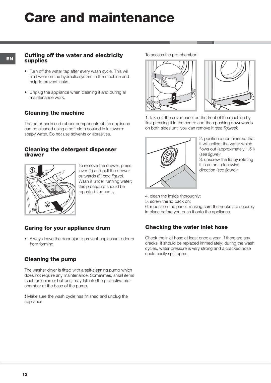 Hotpoint AQM8D 69 I instruction manual Care and maintenance 